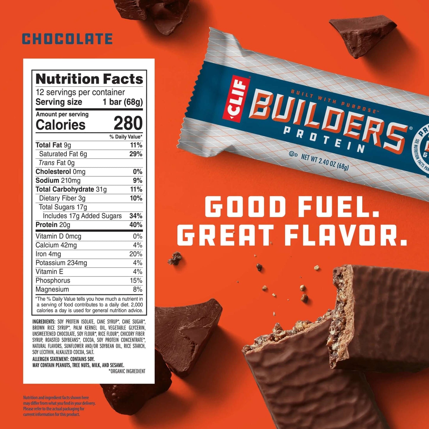 CLIF Protein Bars Chocolate Flavor, Plant Protein, Gluten Free Bars, 12Ct