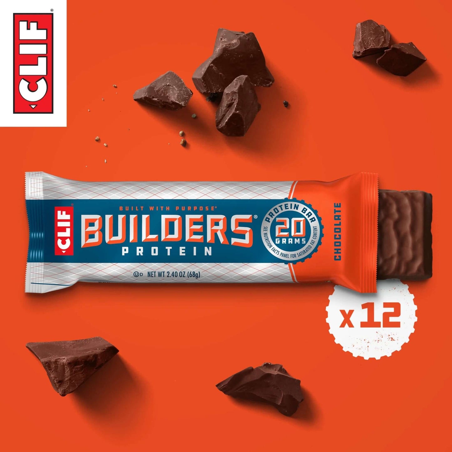 CLIF Protein Bars Chocolate Flavor, Plant Protein, Gluten Free Bars, 12Ct