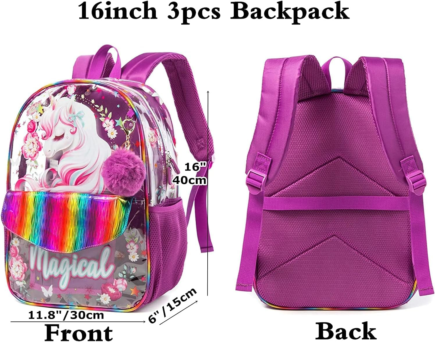 Girls 3PCS Backpack with Lunch Box High Elementary Middle School Backpack