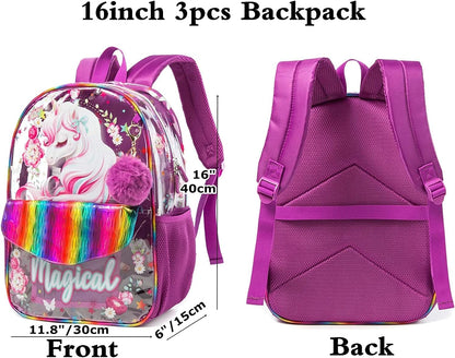 Girls 3PCS Backpack with Lunch Box High Elementary Middle School Backpack